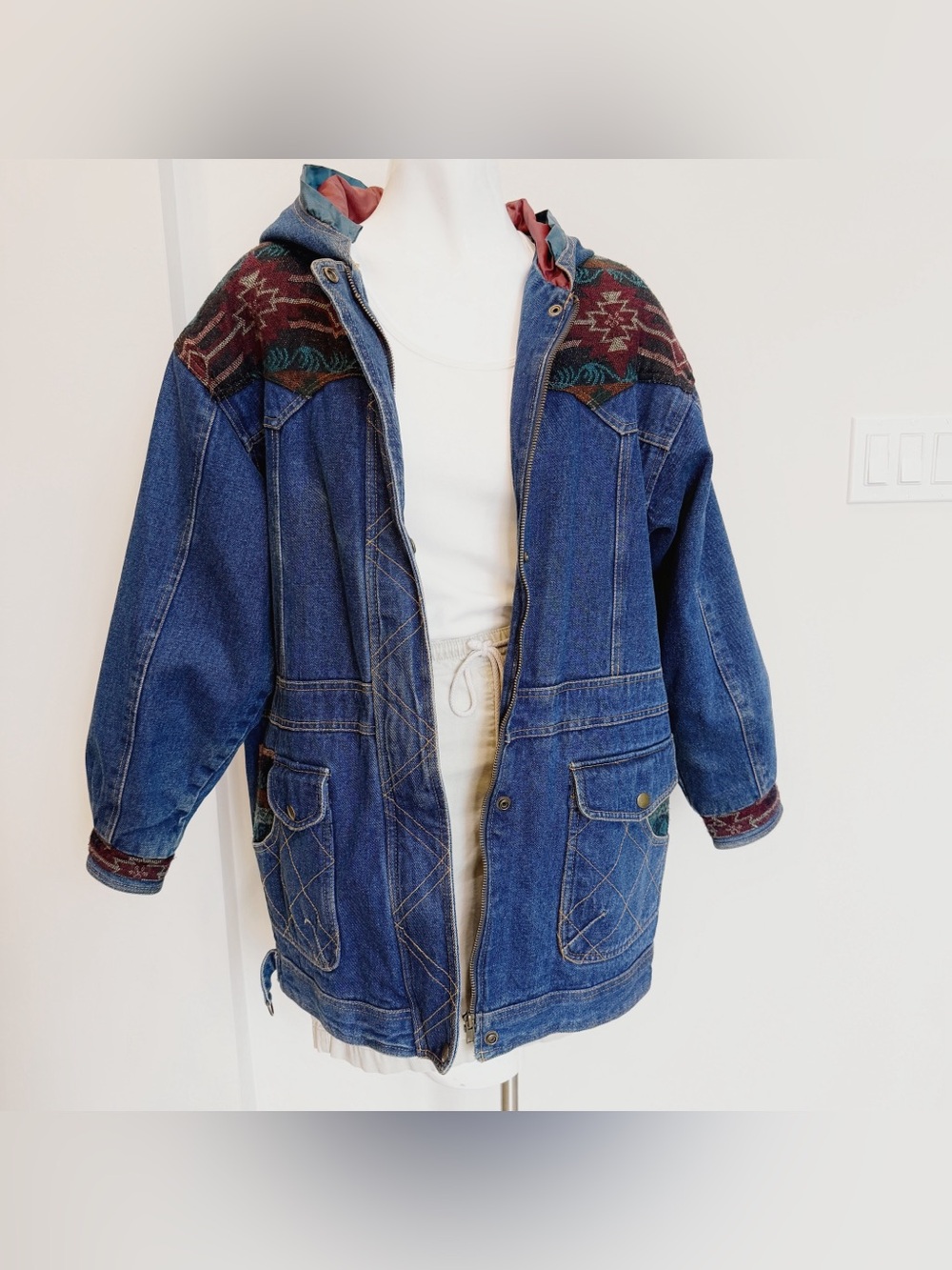 Vintage Out Brook Women's Denim Chore Barn Coat Jacket Flannel Medium Aztec Hood